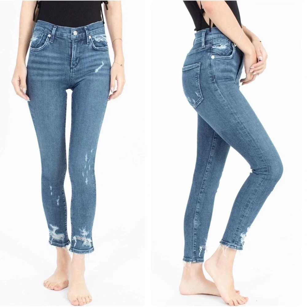 Agolde Sophie Zip Fly High Rise Distressed Frayed Hem Denim Skinny Ankle Jeans